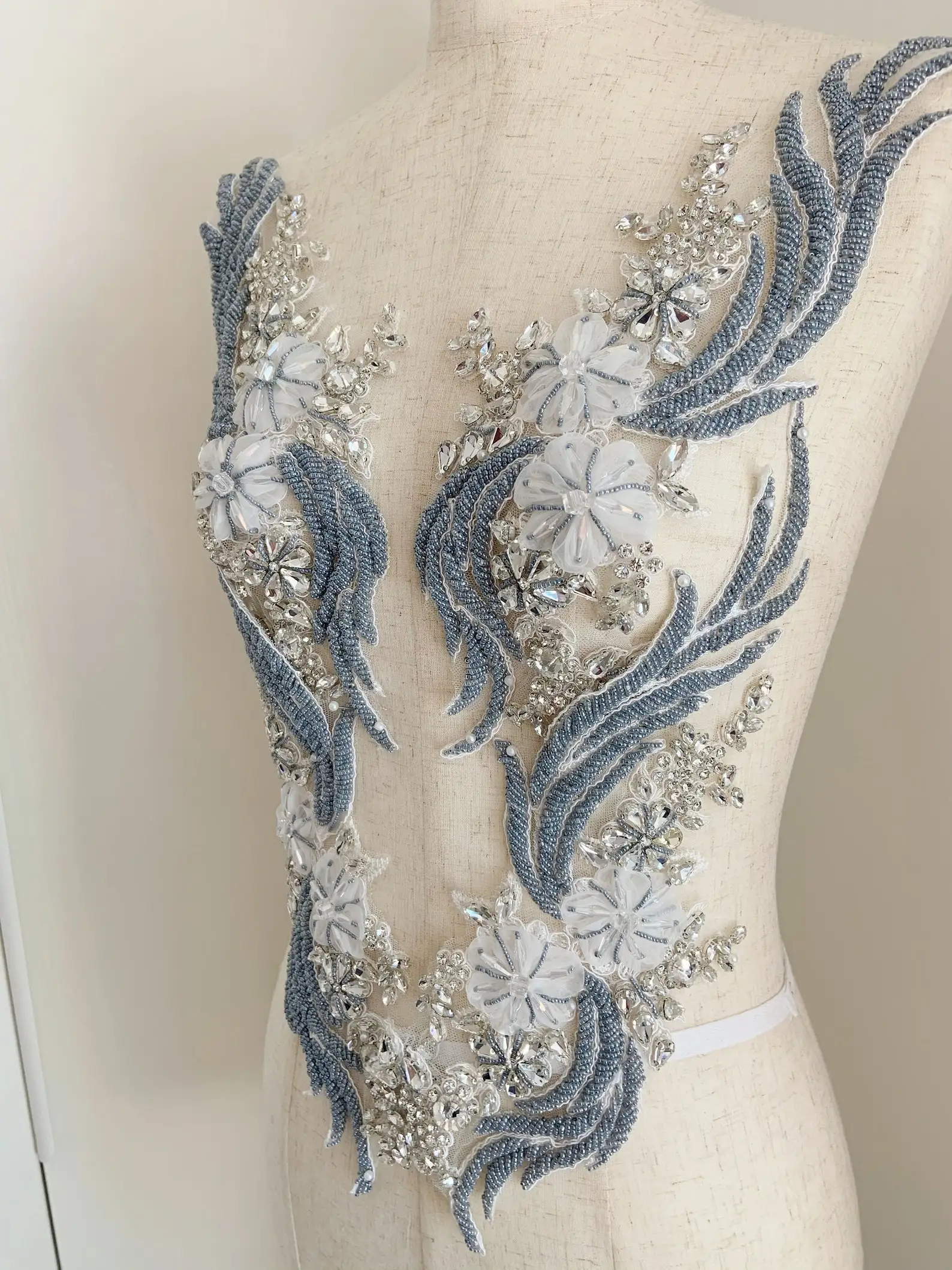 

Dust Blue Rhinestone Applique with 3d Florals For Dress, Couture, Dance Costume, Handcrafted Rhinestone Applique