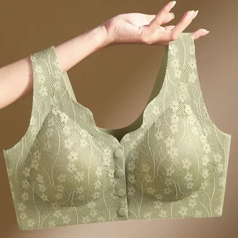 Mom's underwear, middle-aged and elderly women's bras, seamless front open button vest style, oversized summer thin new bra 2