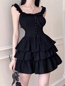 2024 Black Gothic Lolita Kawaii Slip Dress Soft Girl Goth Harajuku Off Shoulder Backless Sexy Cosplay Ruffles Party Dresses Y2k