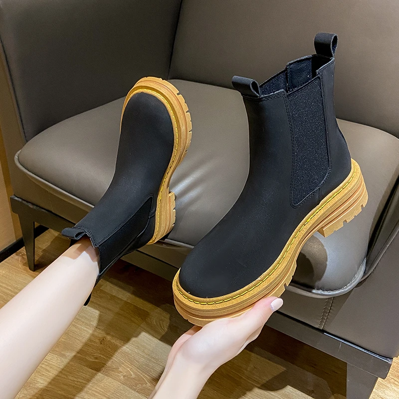 2023 Autumn Classic Pu Leather Ankle Boots Thick Bottom Women's Round Toe Ankle Boots Shoes Handmade Thick Heel Chelsea Boots