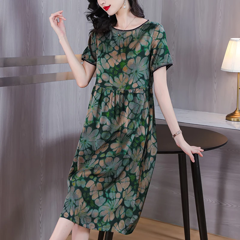 

French Round Neck Printed Dress for Women 2023 New Fashion Silk Knee Length Dress For Summer Versatile Loose Fit Casual Vestidos