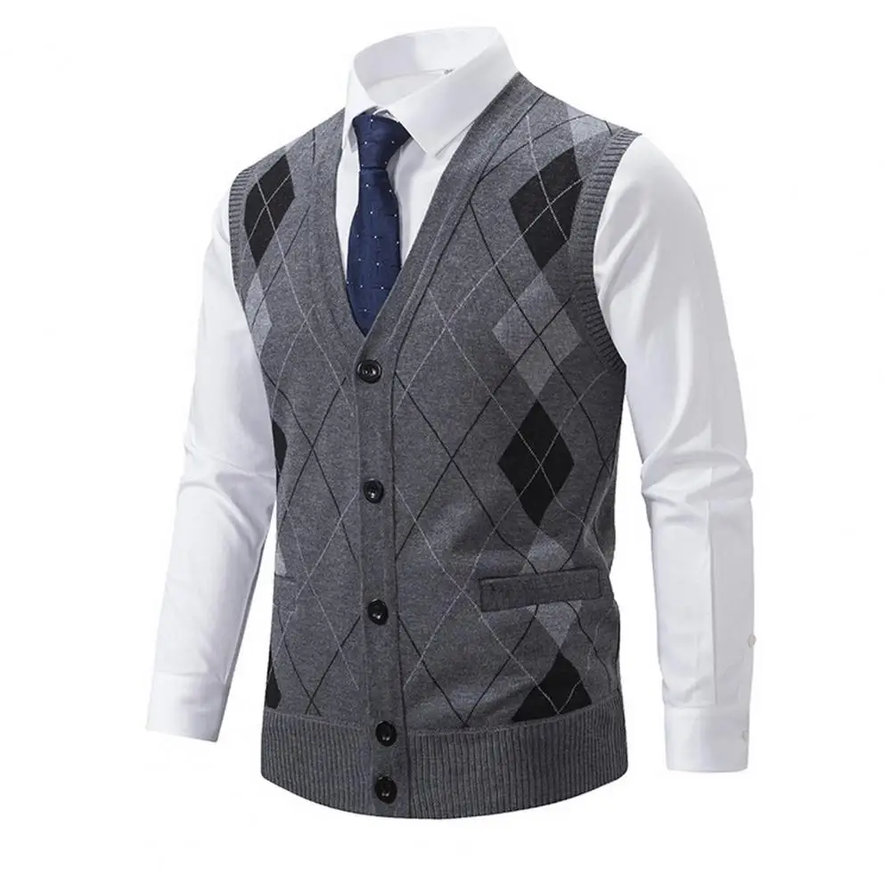 

Men Business Vest Stylish Men's Knitted Vest Warm Colorful Rhombus Print V Neck Pockets for Fall Winter Men V Neck Knitted Vest