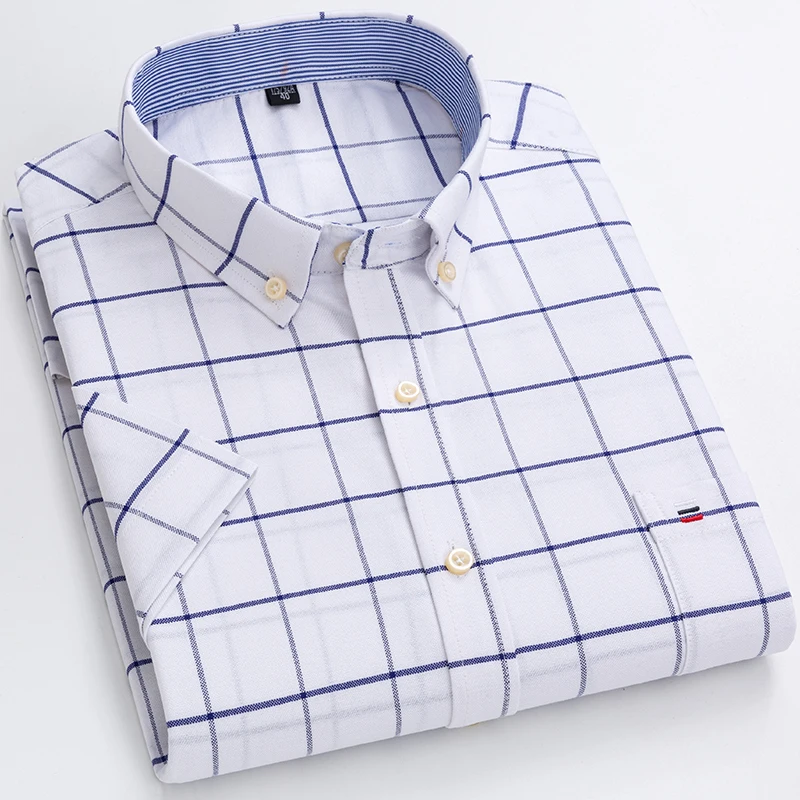 Plus Size 7XL summer Short sleeved shirt cotton shirts for men white plaid striped social slim fit formal business clothing short sleeved shirt