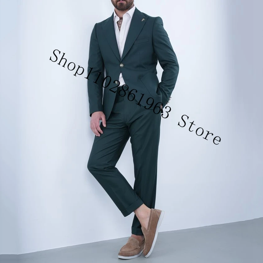 Casual Men Suits Slim Fit Peak Lapel Two Buttons 2 Pieces Suits Blazer Pants Groom Wedding Party Tuxedos Trajes De Hombre