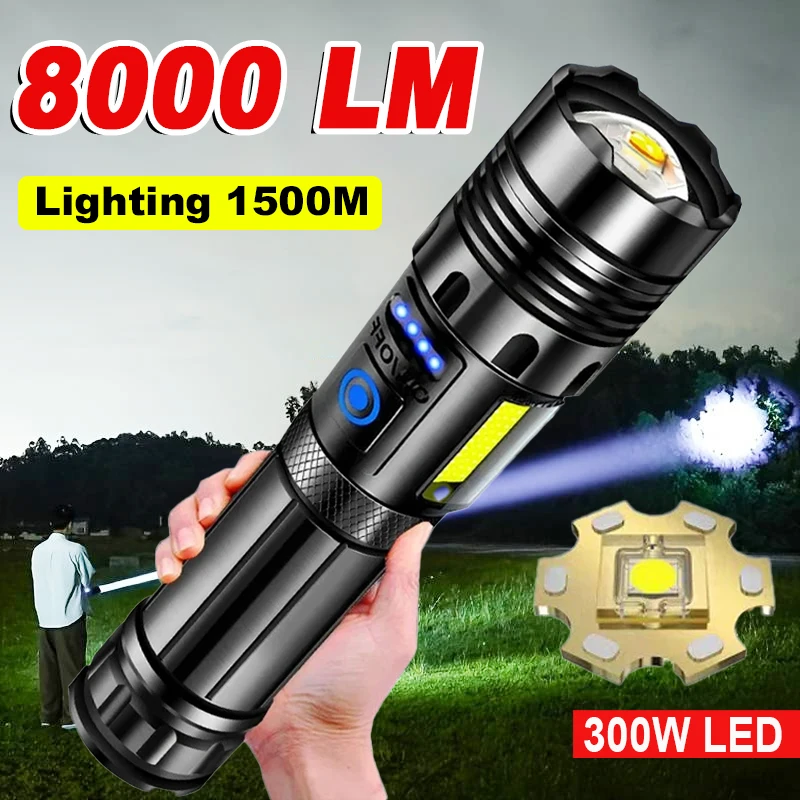 300W LED Powerful Rechargeable Flashlight High Power LED Flashlights 1500M Long Range Torch Tactical Lantern