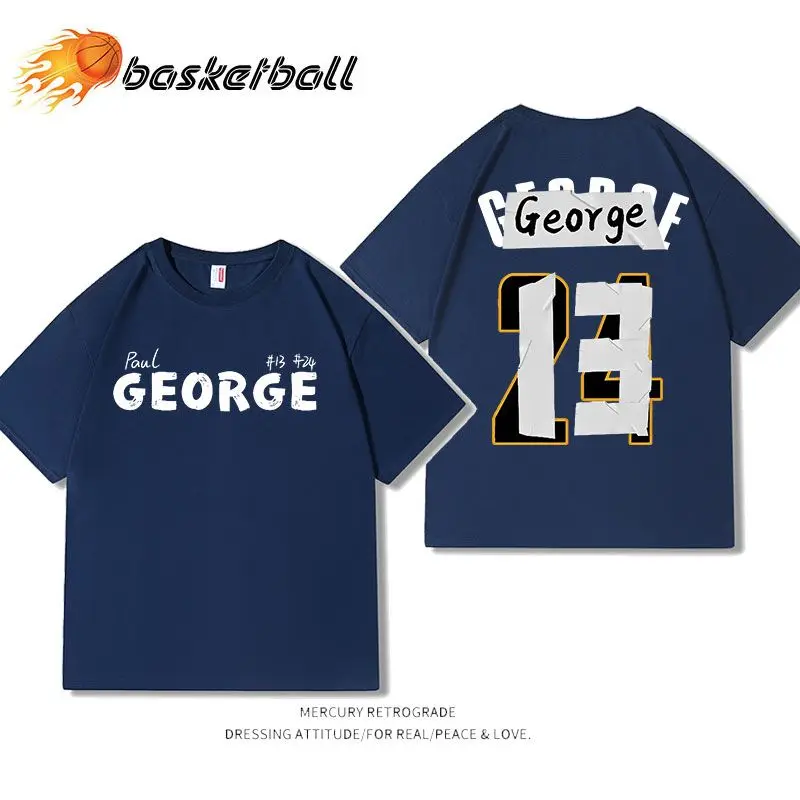 100% Cotton American Paul George Jersey Change Trend Heavy Long Sleeve T-shirt Couple Basketball Short Sleeve 4