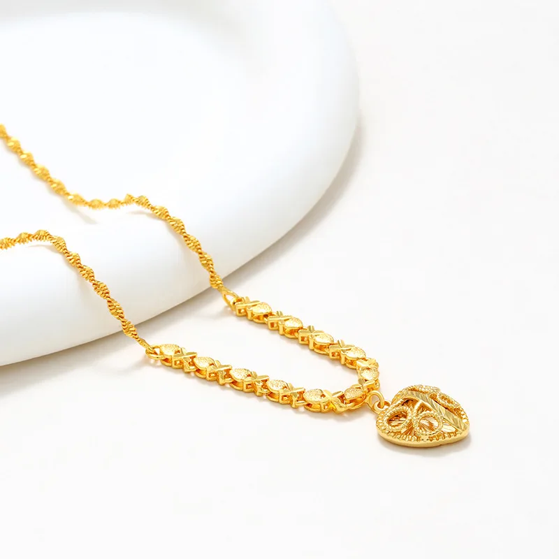 24K real gold Heart pendant water wave chain collar 999 gold vintage quality exquisite love necklace women