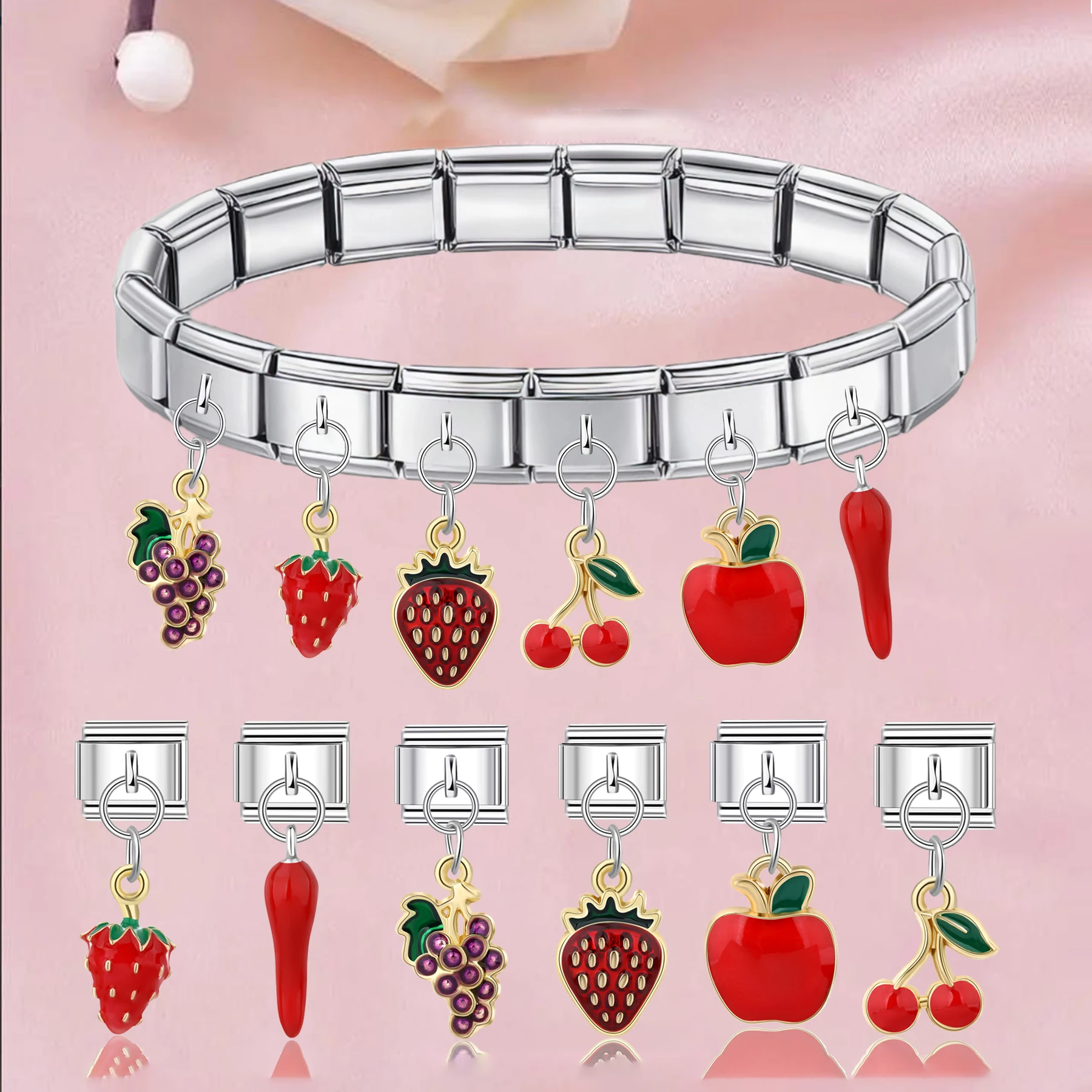 귀여운 과일 시리즈 모듈 펜던트 보라색 포도 빨간 사과 딸기 체리 칠리 -9mm ..