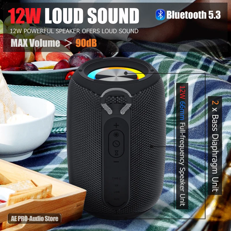 Enhanced Portable Bluetooth Speaker with LoudSound, Deep Bass, and RGB Ambient Light - Waterproof and TWS Stereo Capabilities