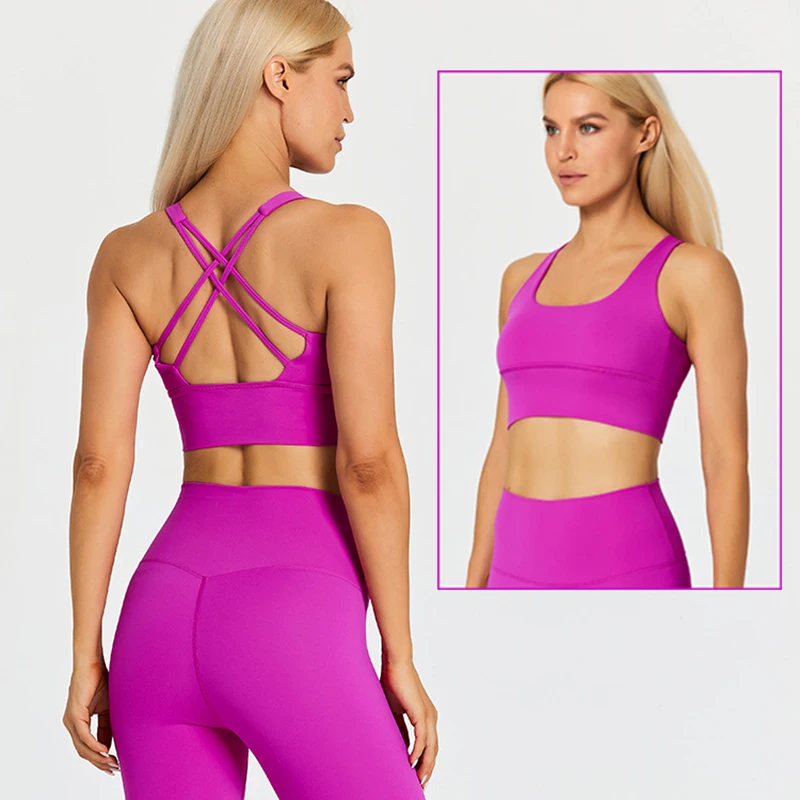 Naked Feel Yoga Set Women Fitness Sportswear 2 Piece Strappy Sports Bra High Waist Gym Leggings Workout Outfit Active Wear