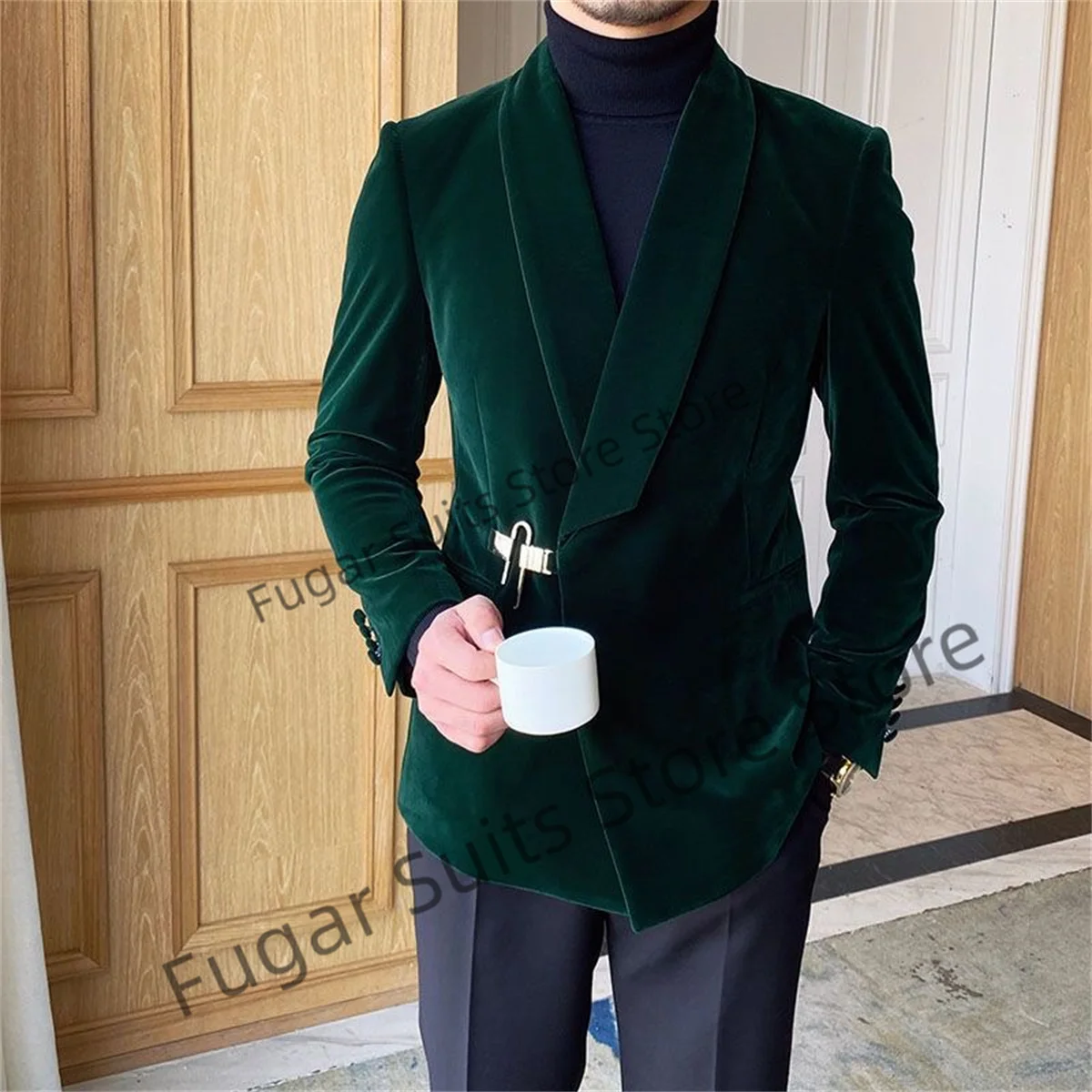 High Qublity Green Velvet Men Suits Navy Blue Pants Shawl Lapel Wedding Groom Tuxedos Prom2 Pieces Sets Traje Formal Para Hombre