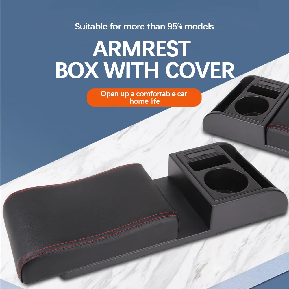 Universal Car Armrest With Dual USB Cup Holder Removable PU Leather