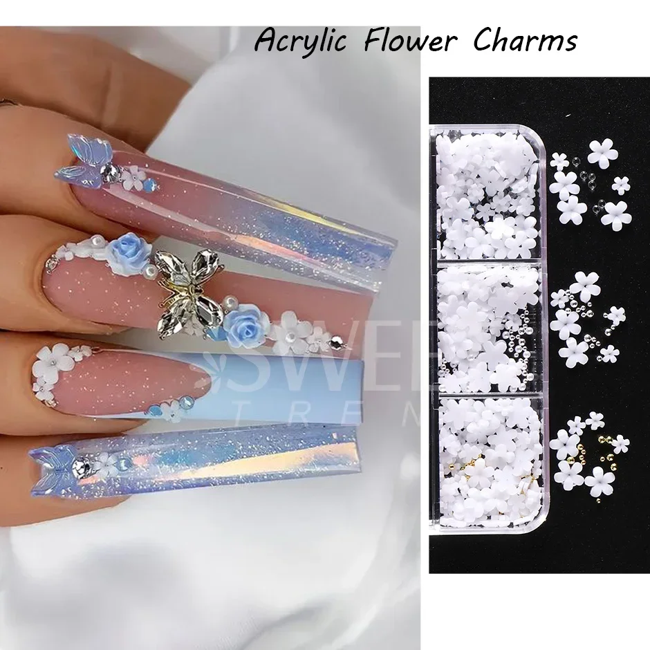 6 Grids Nail Art Decoration Pink White Acrylic Flower Charms with Beads Gem Rhinestone Jewely DIY Parts for Accessories Tools