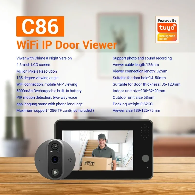 

Умный цифровой дверной звонок C86, 1080P, Wi-Fi, экран 4,3 дюйма