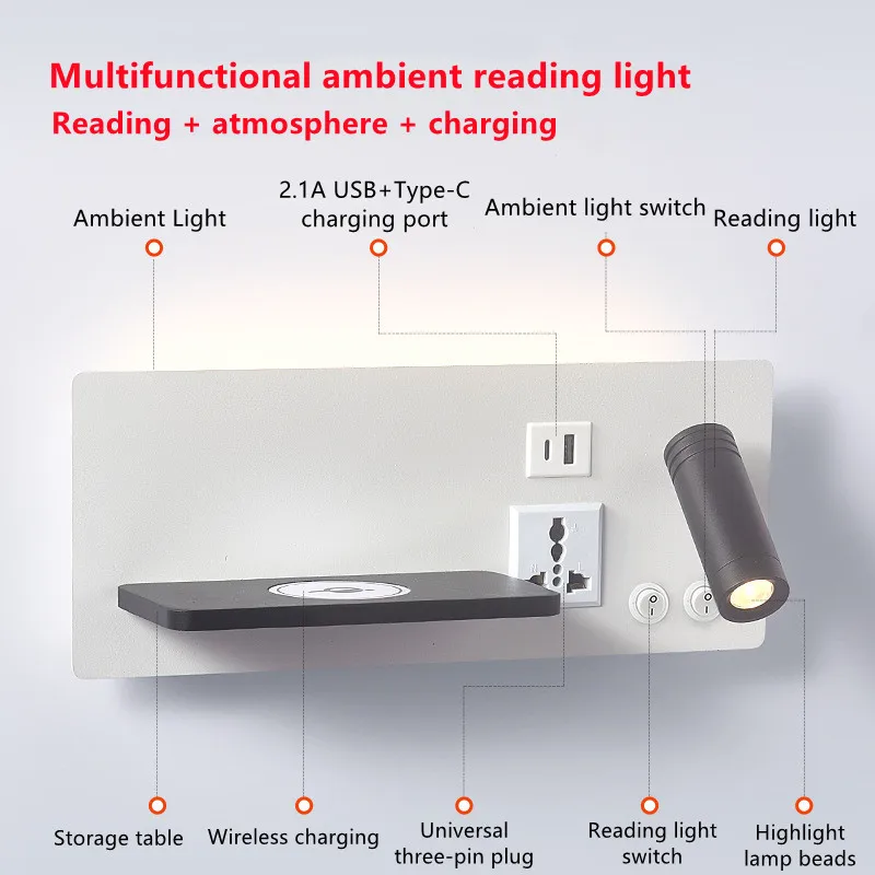 USB Wall Lamp Living Room Reading Wall Light Bedroom Creative Bedside Lamp Wireless Charging Store Indoor Bedside HotelLamp