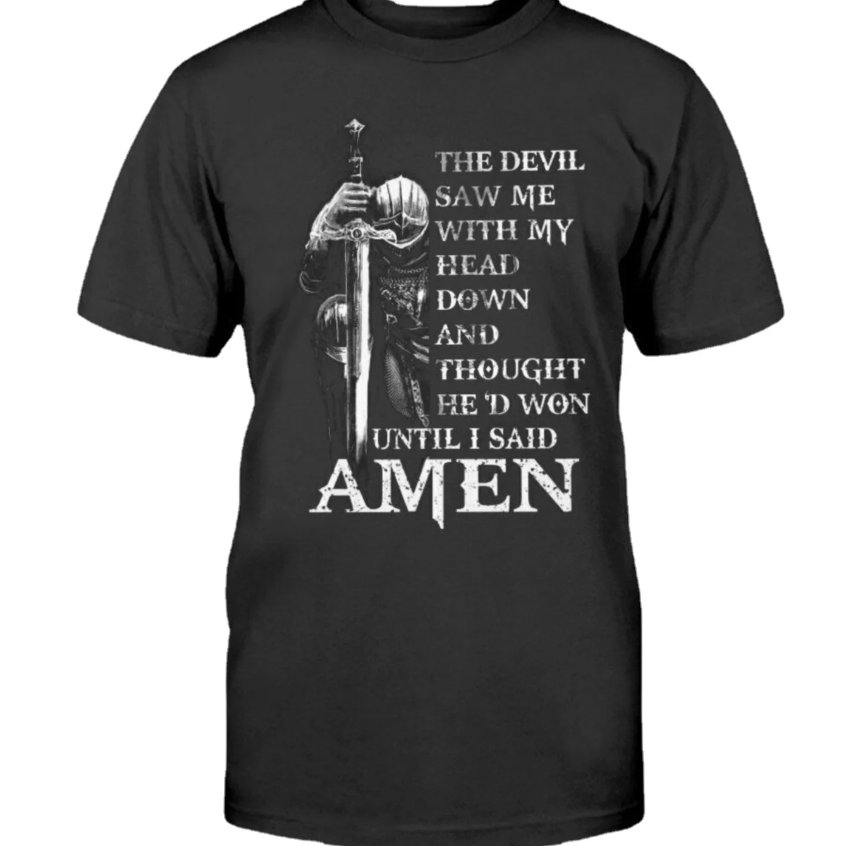 

Warrior Knight Templar T-Shirt Devil Saw Me My Head Down Amen Tee For Men Gifts