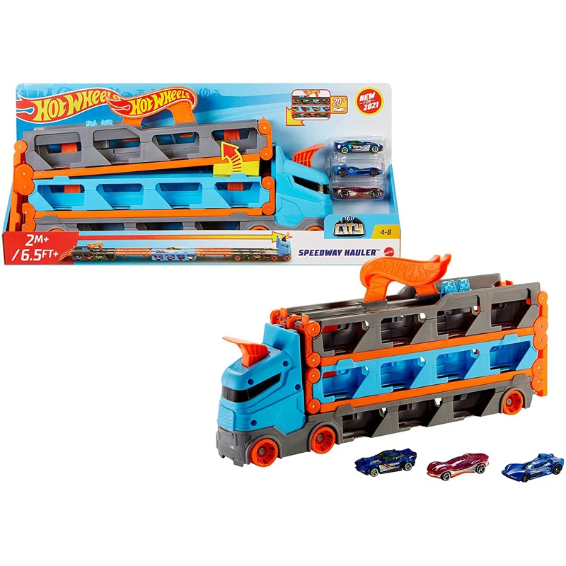 

Hot Wheels Speedway Hauler massive semi-truck transforms into a 6-foot long racetrack with a dual launcher Toy GVG37 Boy Gift