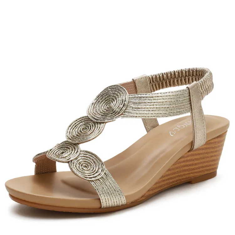 Summer Women Sandals Wedges Casual T-Strap Gladiator Sandals Fashion Bling Gold Silver Knitted Beach Flat Shoes Women