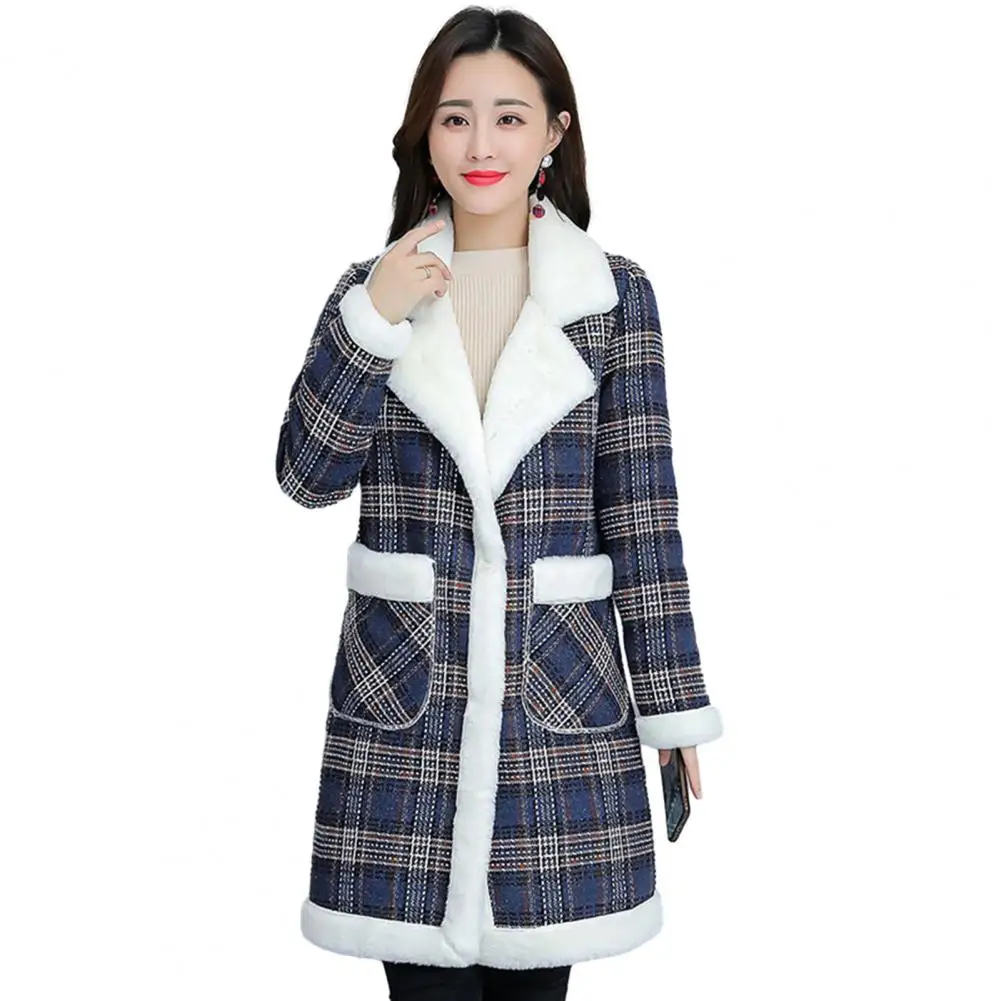 Lapel Coat Plaid Print Mid Length Women's Winter Coat with Turn-down Collar Thick Plush Warmth Single-breasted for Stylish