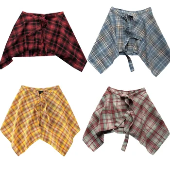 Unisex Layered A Line Wrap Skirt Hiphop Street Dance Checkered Hip Scarf Tie Up Asymmetrical Overskirt Shirt Extender