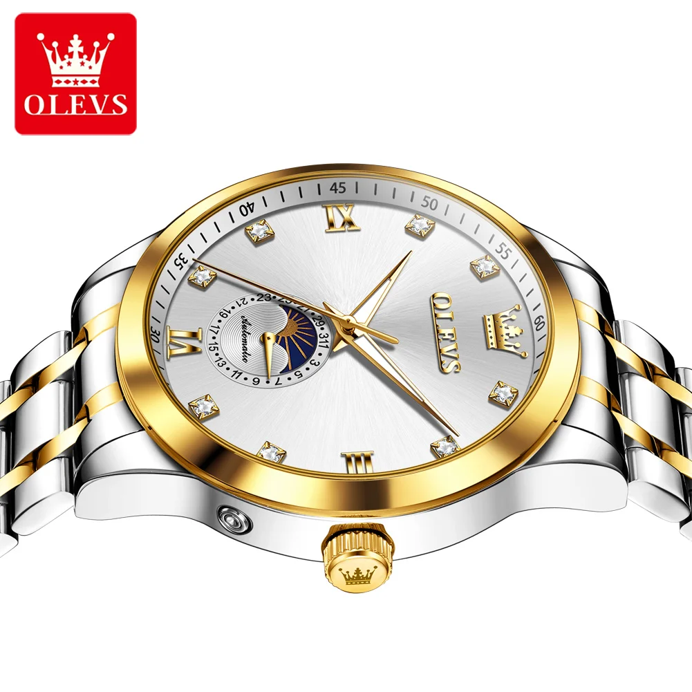 OLEVS 7041 Automatic Watch For Men Luxury Stainless Steel Mechanical Business Wristwatch Moon Phase Date Waterproof Man Watches
