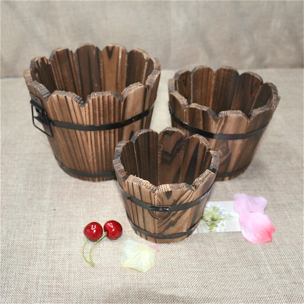 Wood Wooden Round Barrel Planter Flower Pots