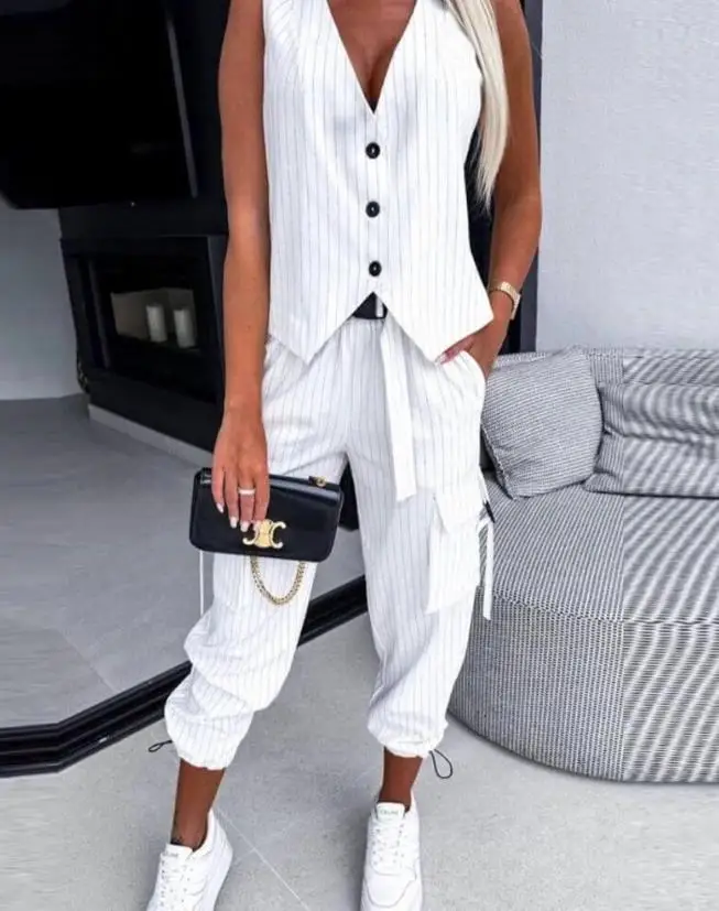 Summer Outfits Women 2024 Fashion and Casual Striped Asymmetrical Vest Top and Drawstring Cuffs Pants Set Temperament Commuting