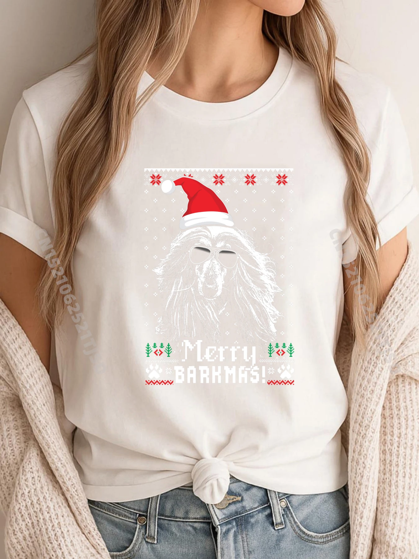 Cute Man Tops & Tees Afghan Hound Merry Barkmas Christmas T Shirts Combed cotton Round Collar Short Sleeve Tee Shirts Letter Afghan Hound Merry Barkmas Christmas white