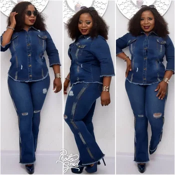 Two Piece Set Women Cowboy Suit Jean Jacket Single Breasted Turndown Collar Hole Flare Pants Female Outfits Casual Ensemble 1