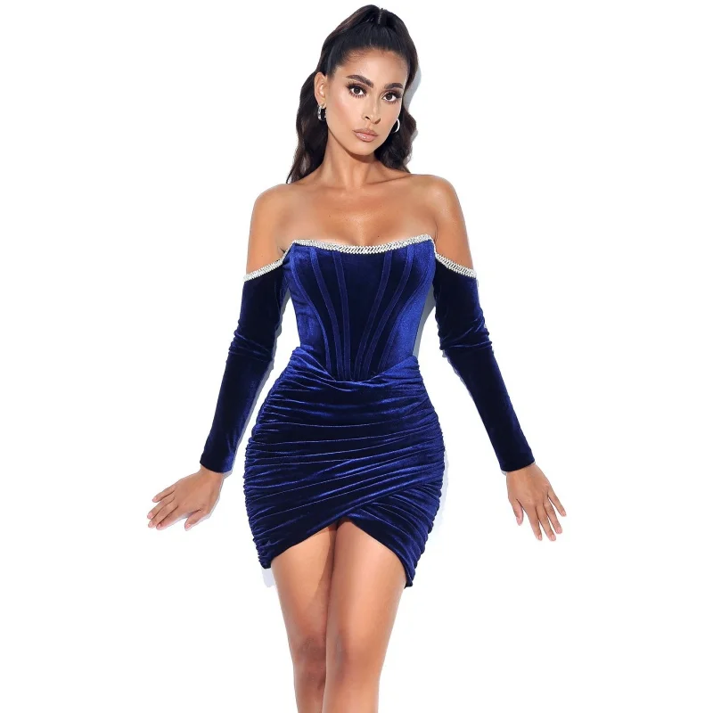 

Cross-Border Flannel Sexy off-the-Shoulder Tube Top Tight Dress Long Sleeve Birthday Banquet Dress