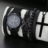 5/6pcs Set Fashionable Pu Leather '8' Shape Beaded Bracelet With Mechanical Watch, Cross Pendant Necklace For Men, Black-Colored 1