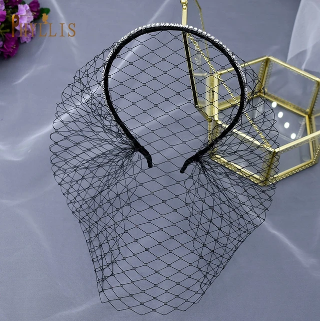 JM06 Rhinestone Women's Fascinating Veil Retro Charming Hat Bridal Veil with Headhoop Birdcage Wedding Women’s Fascinator Veil JM21-Black