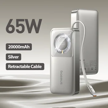 Baseus 65W Power Bank 20000mah Fast Charging with Built-in Retractable Type-C Cable for Laptops iPhone 16 15 Pro Max 7
