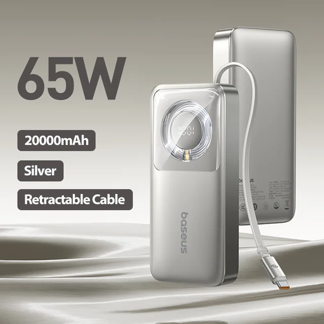 Baseus 65W Power Bank 20000mah Fast Charging with Built-in Retractable Type-C Cable for Laptops iPhone 16 15 Pro Max 7