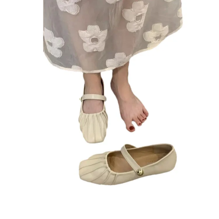 Simple Gentle Style Flat Heel Low Heel Pleated Mary Jane Single Shoes Spring Autumn  Flat Buckle Granny Shoes