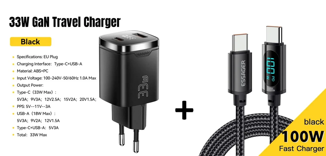 Essager 33 واط GaN USB C شاحن شاشة ديجيتال PD شحن...