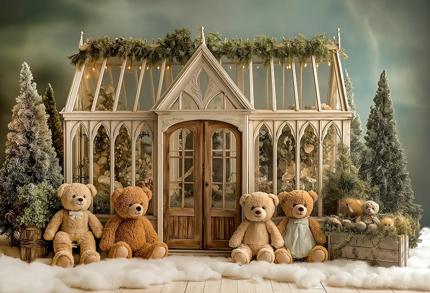 White House With Christmas Tree and Little Bear Photography Backdrop Kids Baby Cake Smash Photocall Studio Backgrounds