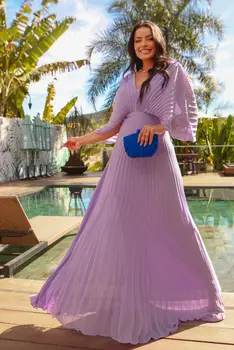 Abiti da cerimonia da sera in chiffon da donna Abito lungo per la madre della sposa con scollo a V e maniche a pipistrello pieghettate