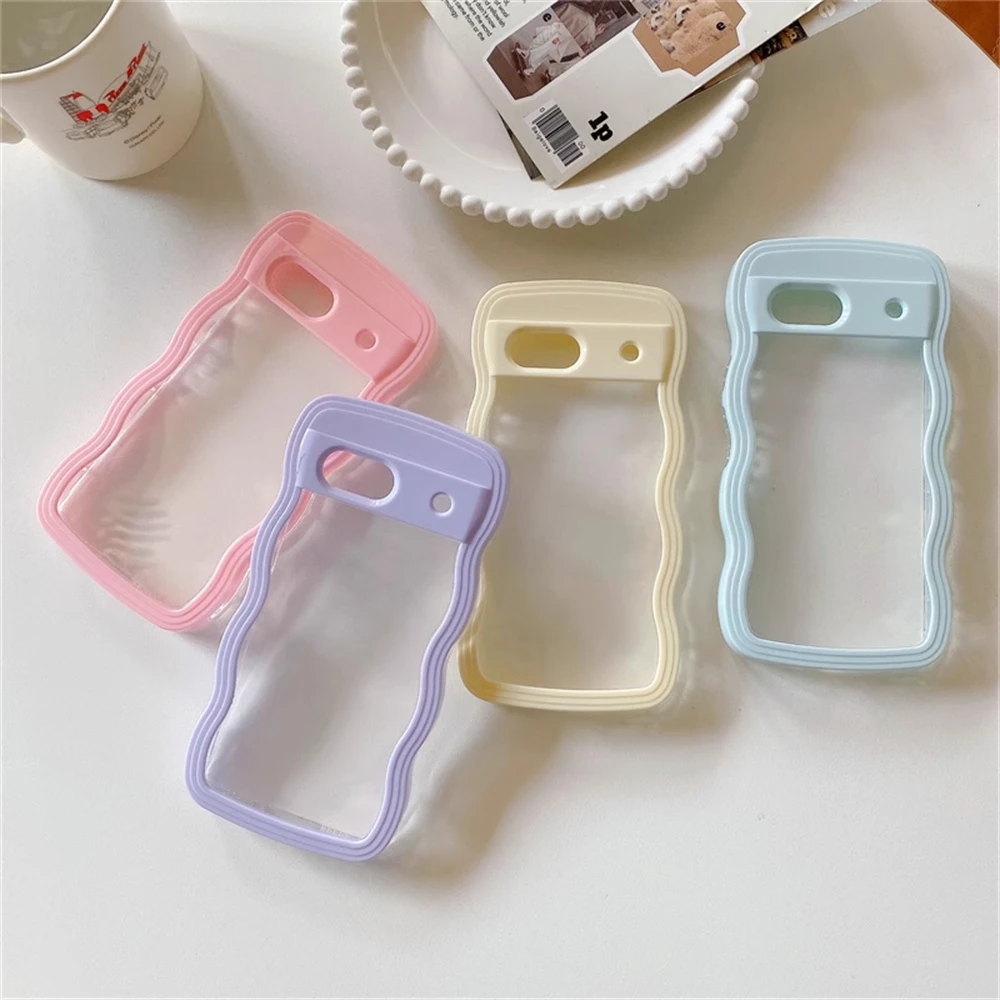 Cute Curly Wavy Transparent Phone Case - Korean Candy Color Shockproof Hard Cover