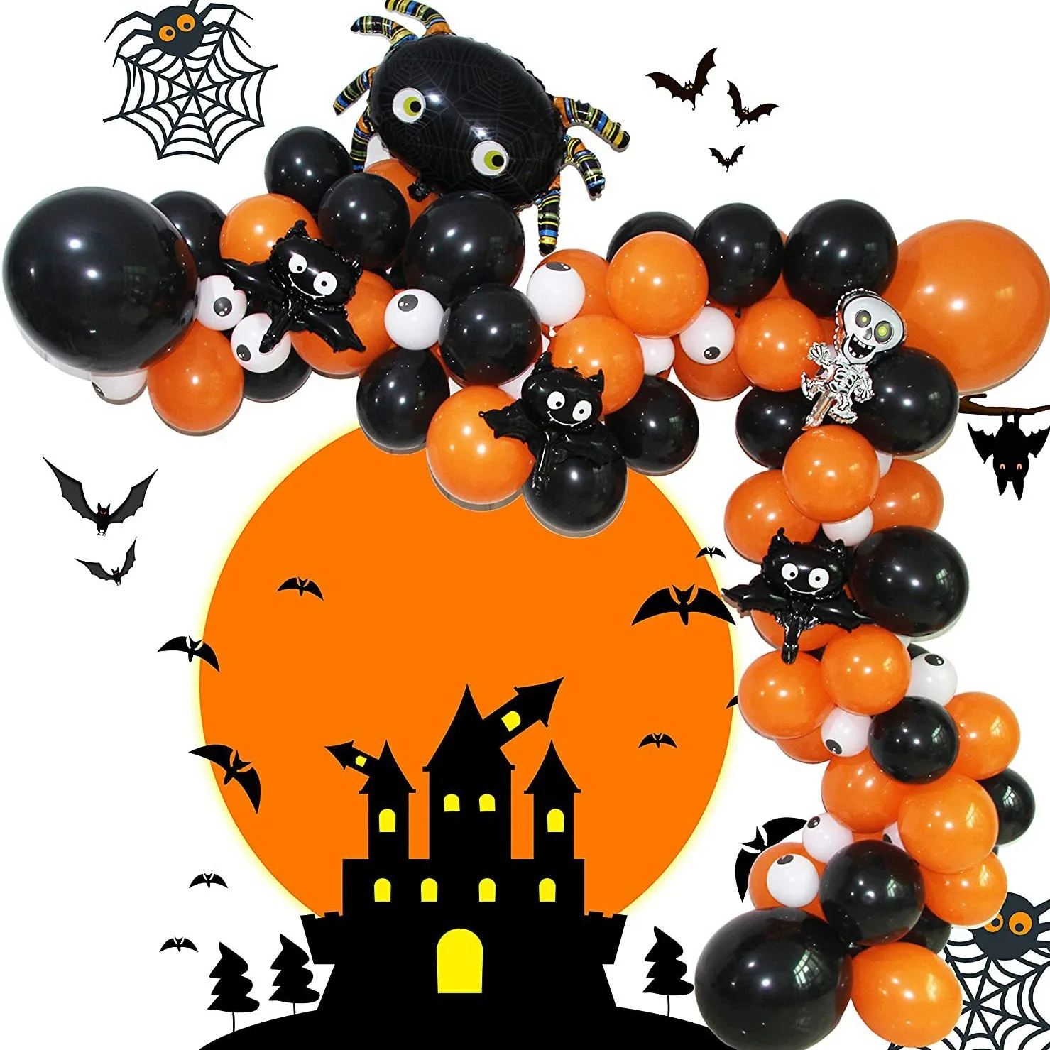 

Halloween Balloon Arch Garland Kit, Includes Eye Latex Balloons Bat Big Spider Skull Aluminum Foil Balloons Party Decorations