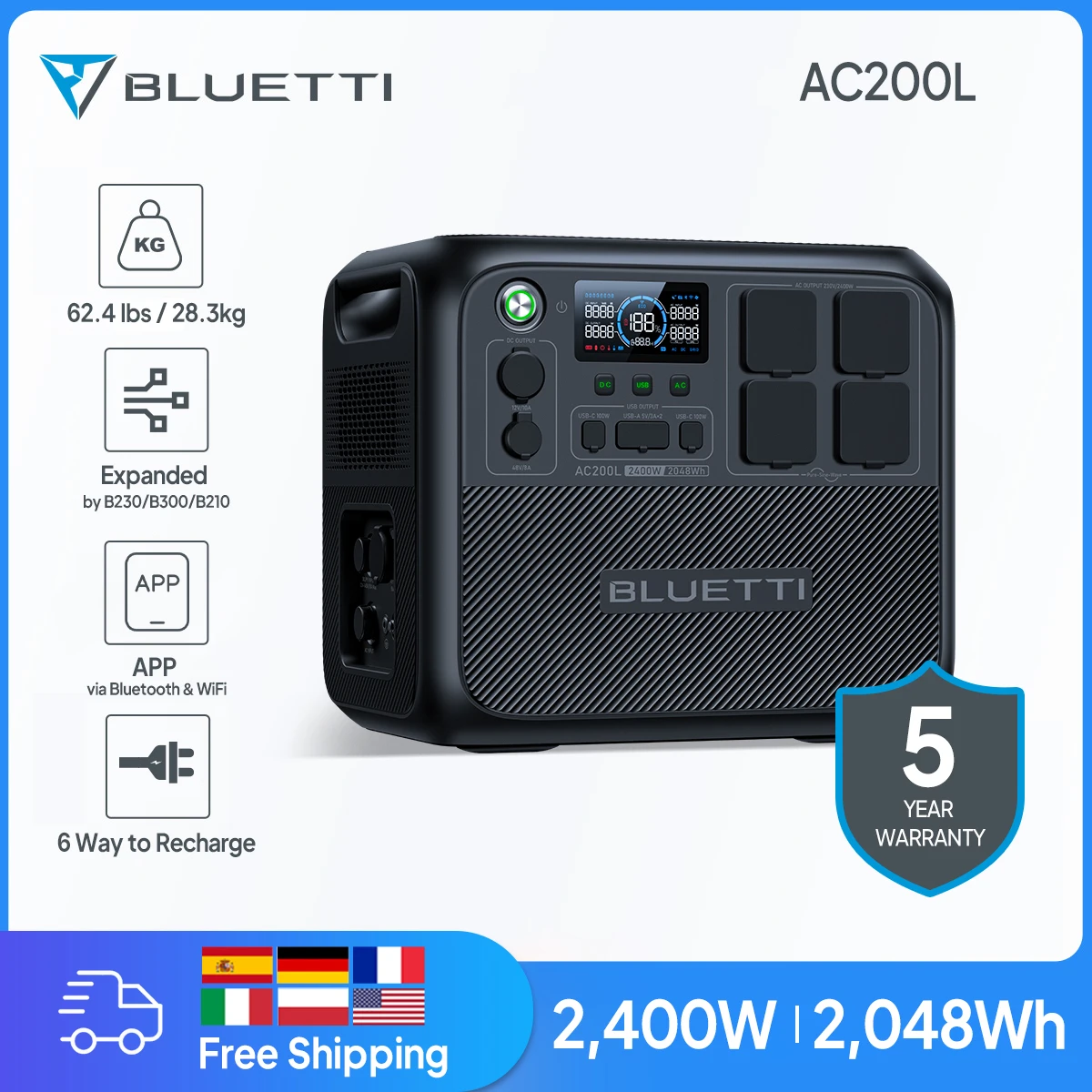 Bluetti Ac200L Centrale Elettrica Portatile 2400W 2048Wh Lifepo4 Batteria Di Backup Generatore Solare Di Alimentazione Per Il Campeggio Uso Domestico 