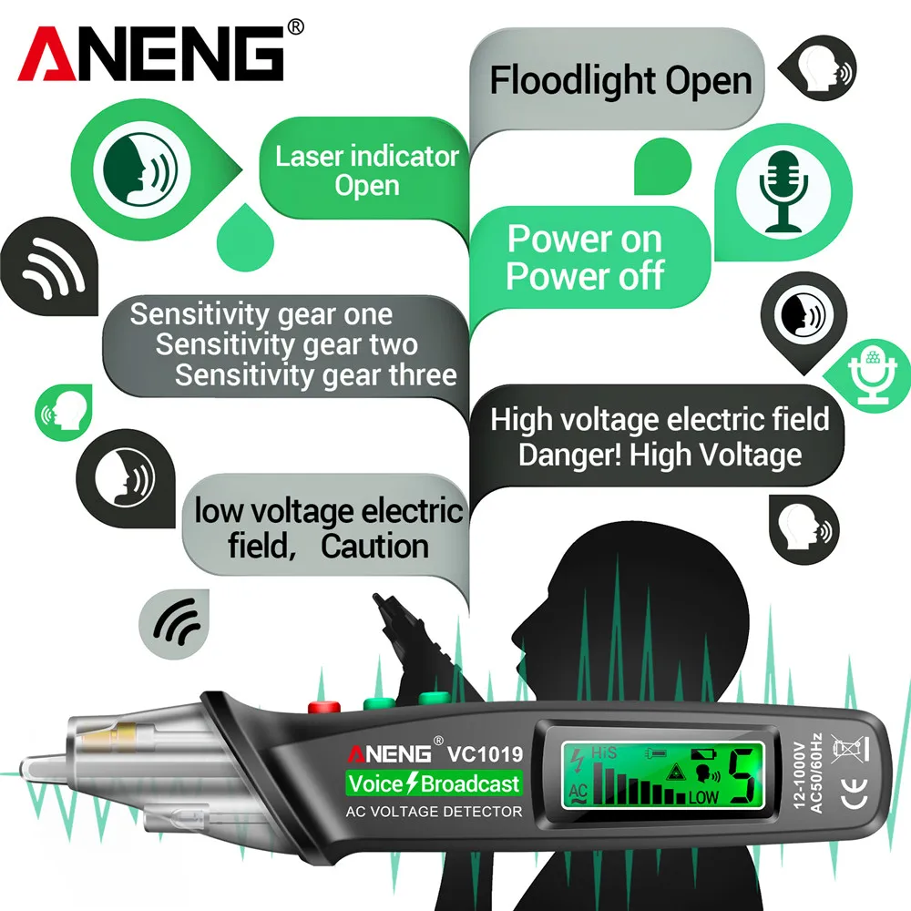 ANENG VC1019 Intelligent Voice Broadcast Tester Pen 12V-1000V Infrared Sensor Positioning Voltage Tester Electric Wire Detector 3