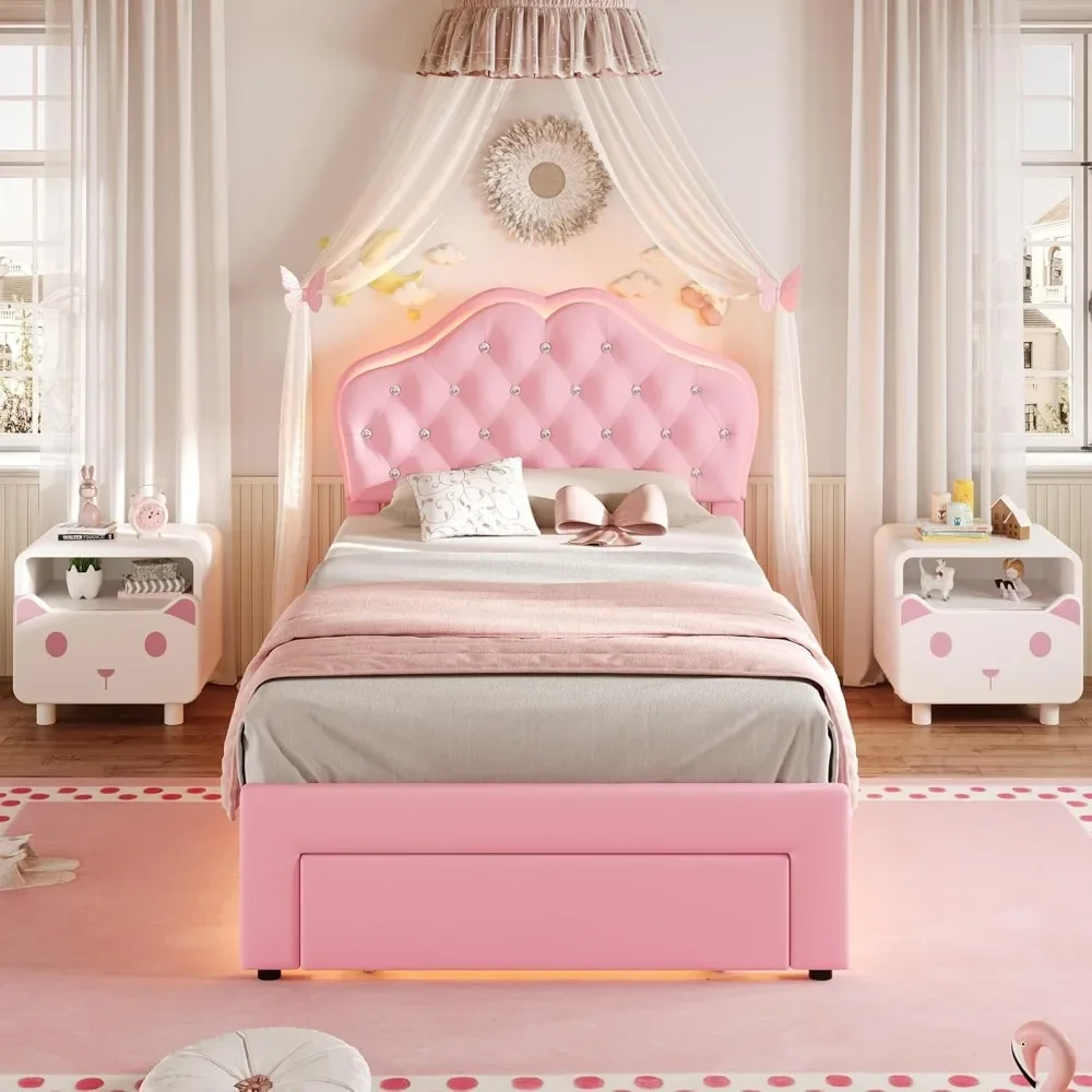Twin Size Bed Frame with Storage Drawer, LED Lights, Adjustable Headboard with Velvet Crystal Button, Upholstered Platform Bed 4
