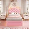 Twin Size Bed Frame with Storage Drawer, LED Lights, Adjustable Headboard with Velvet Crystal Button, Upholstered Platform Bed 4
