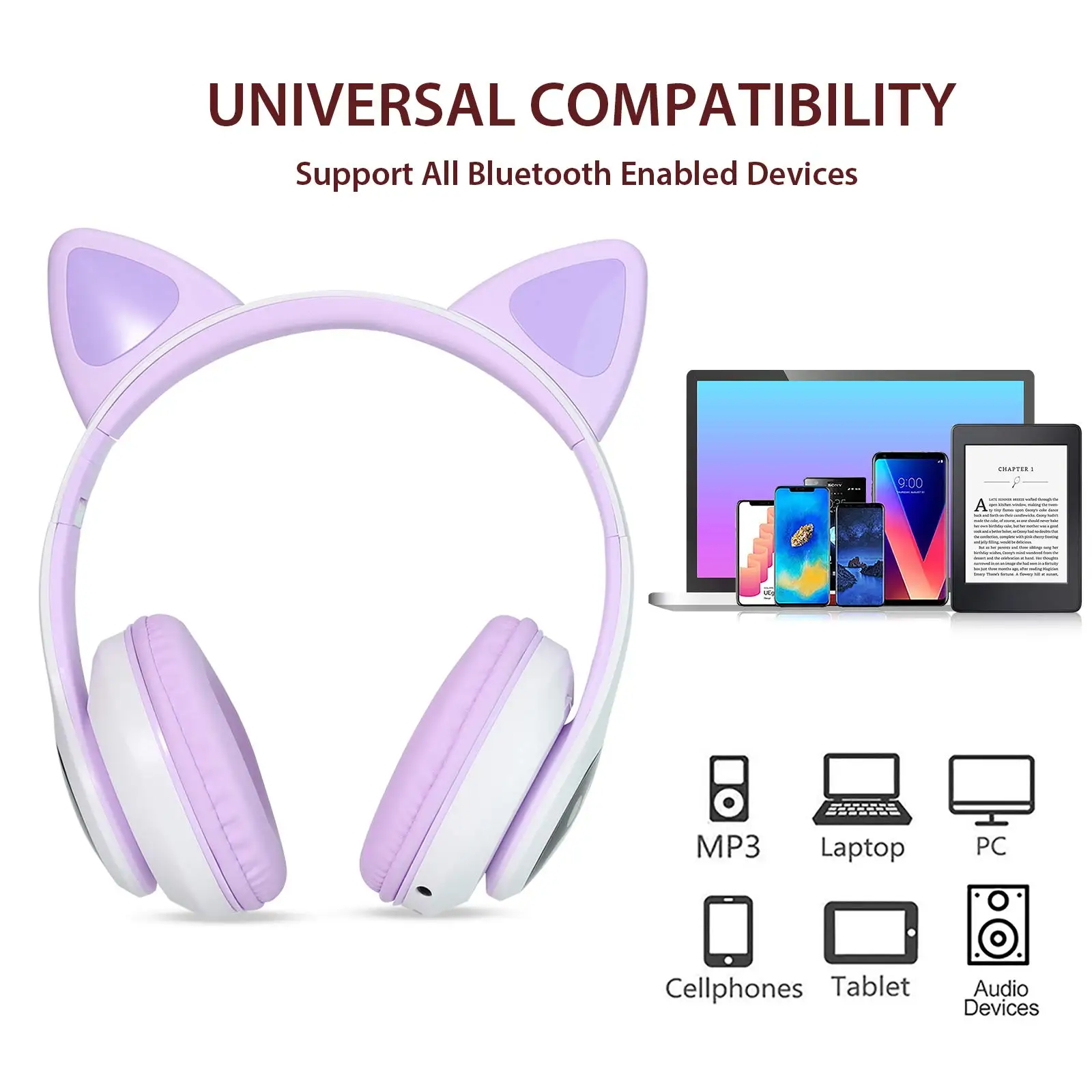Cute Cat Headphones Bluetooth 5.0 Kids Wireless Headset Mic Led Light Headphones Ipad Laptop Girl Birthday Gift