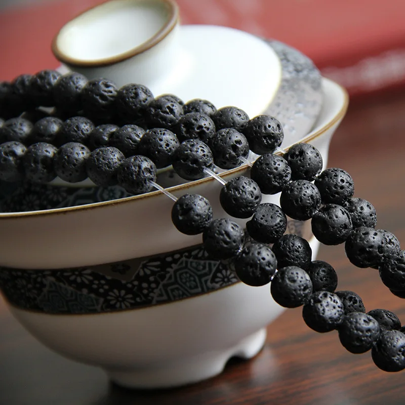 Natural Lava Stone Beads Black Round Volcanic Rock Jewelry Making