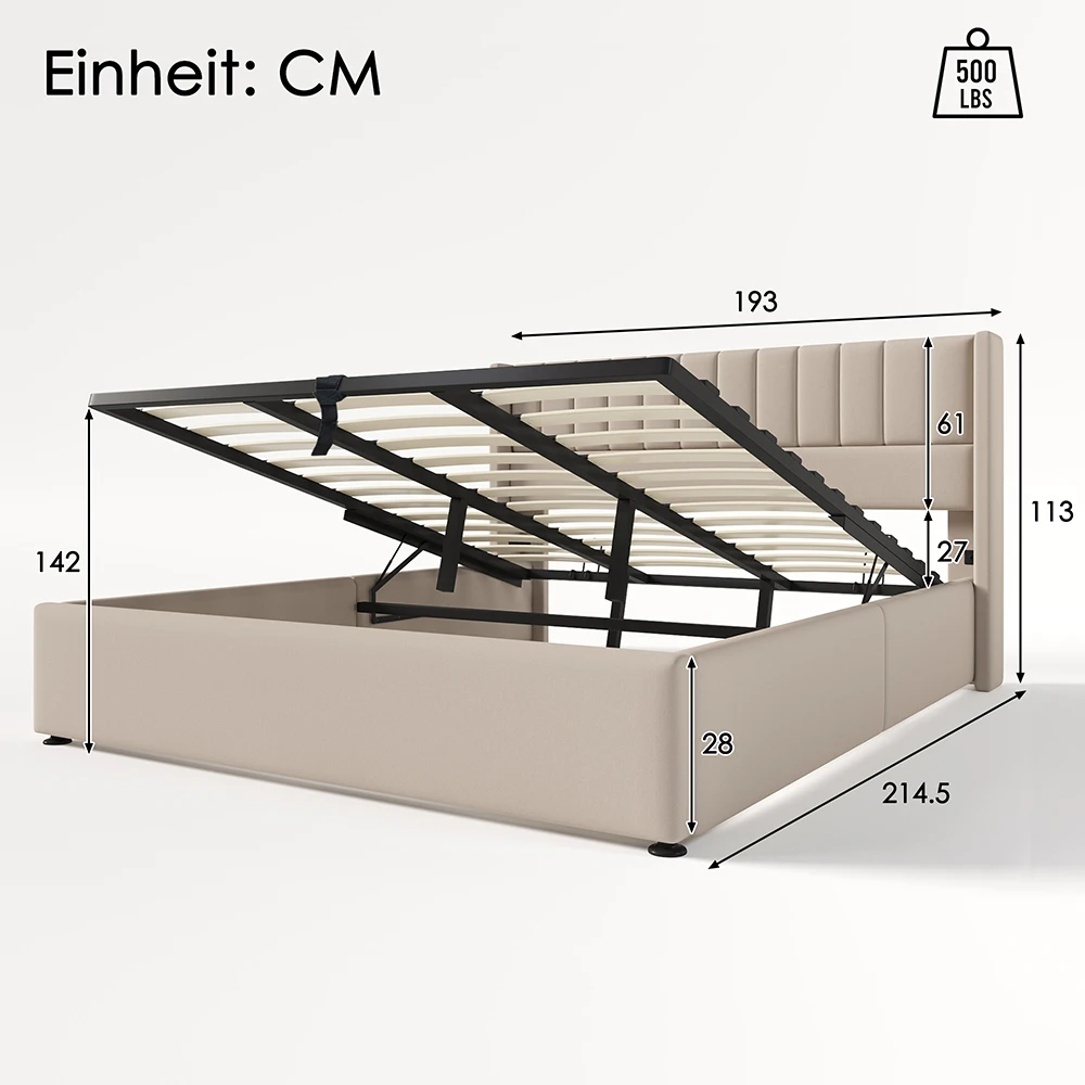 KOMHTOM Hydraulisches Doppelbett 180x200cm mit Polster, Lattenrost aus Holz, Metallrahmen, Leinen, Beige – Detail 5