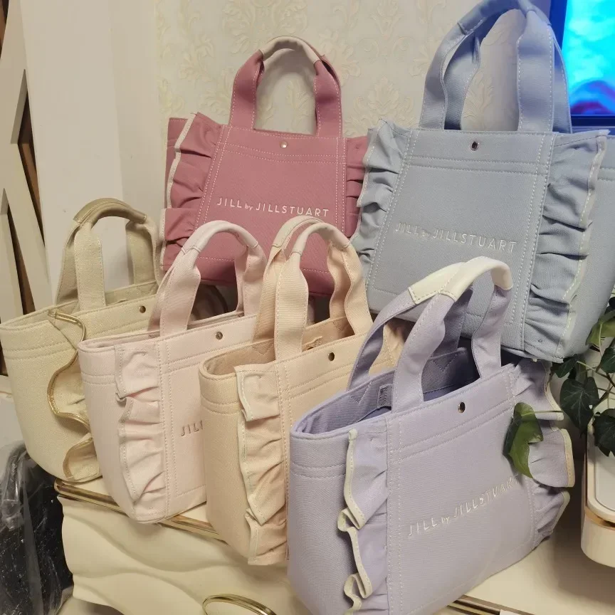 Japanese Fashion Small Ruffled Embroidered Letters Girls' Handbag Multicolor Portable Female Canvas Tote Bags Casual Square Bags