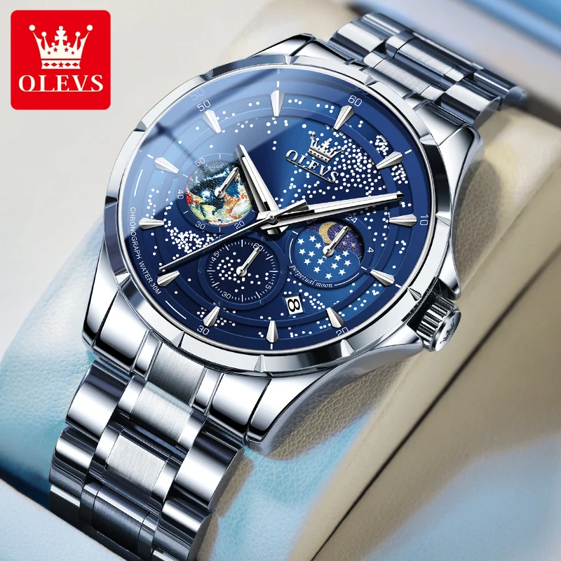 Olevs Original Men's Quartz Watch Leather Strap Diamond Design Fashion Simplicity Business Wrist Watch for Men Auto Date Clock, Size: One size, Blue