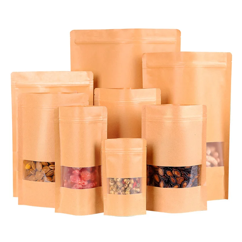 Kraft Paper Zip Lock Bags With Window Food Snack Tea Self Sealing Storage Bag Wedding Home Candy Gifts Packaging Pouch